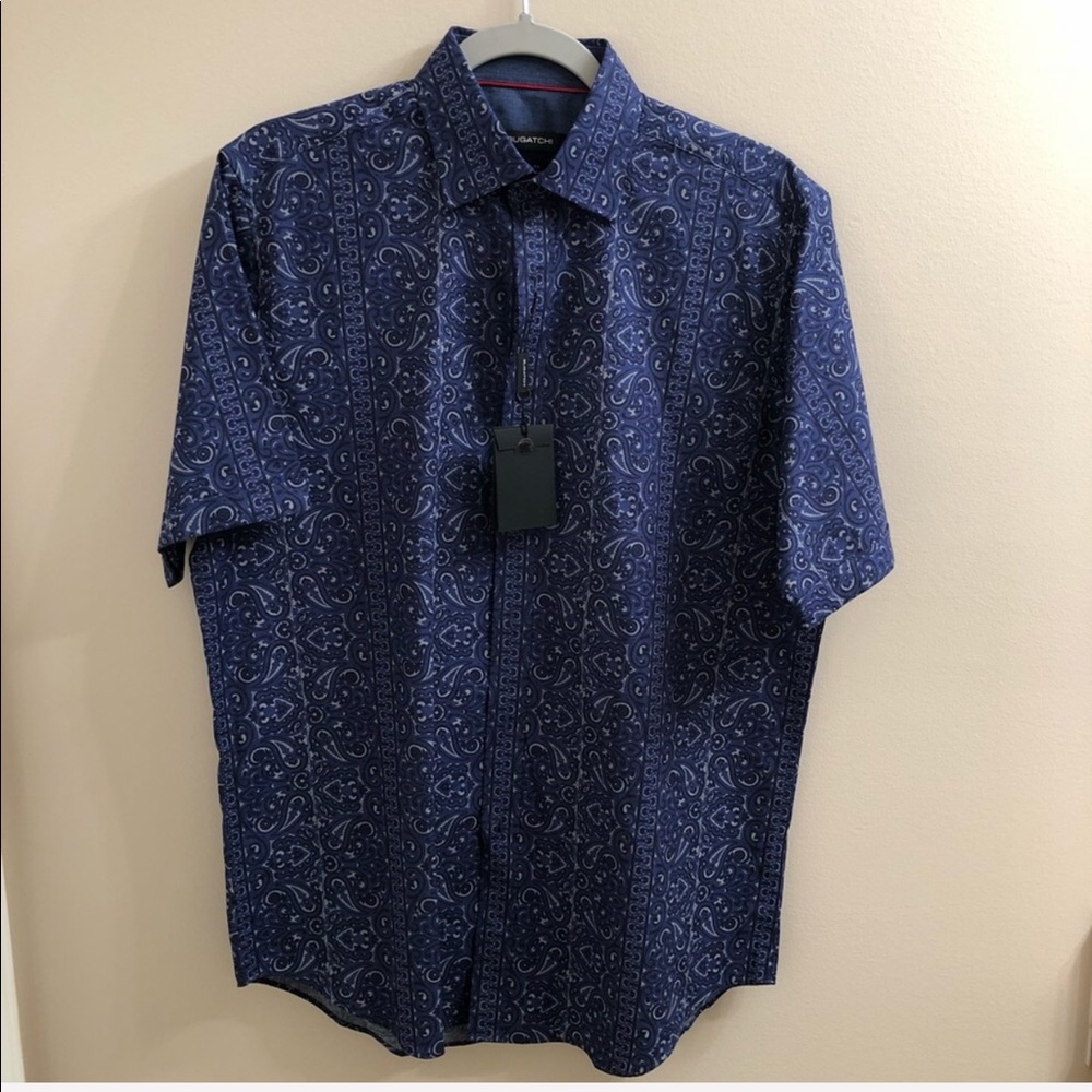 Bugatchi Blue Short Sleeve Print Button Down Shirt
